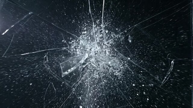 Shattered glass breaking apart on an isolated black background, dramatic impact effect for advertising and creative design