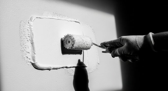 Artistic Monochrome Hand Painting Wall With Roller Tool Detailed Close Up