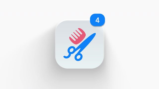 3D animated scissors and comb icon representing professional pet grooming and fur styling service. 