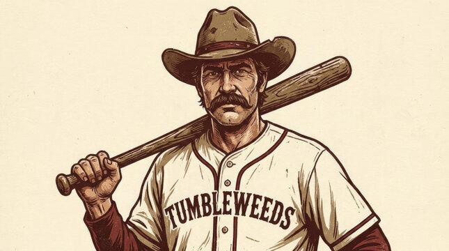 Retro cowboy baseball player holding a wooden bat.