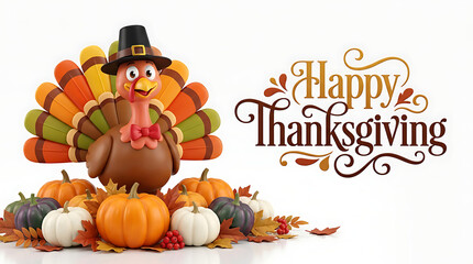 Naklejka premium Cartoon turkey with pilgrim hat and pumpkins for Happy Thanksgiving holiday greeting card