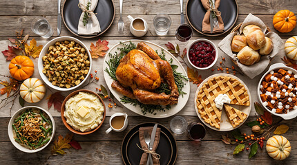 Thanksgiving dinner feast with roasted turkey and traditional sides on rustic wooden table