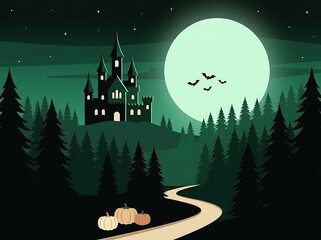 Fototapeta premium Haunted castle silhouette on a hill under a large full moon with bats flying during a dark spooky night