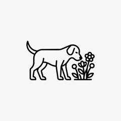 Minimalist black line art illustration of a standing dog leaning forward to sniff a cluster of three blooming flowers and plants, isolated on a plain white background.