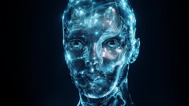 Futuristic humanoid robot with glowing blue circuitry and intricate details, showcasing a close-up view of its face against a dark background in a high-tech environment