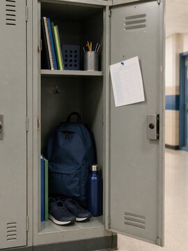 Open school locker displaying blue backpack, water bottle, notebooks, and shoes, with a calendar sheet hanging inside, located in a hallway setting