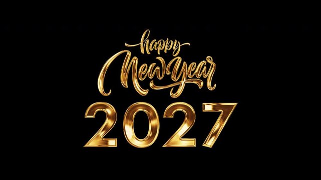 Happy New Year 2027 golden text shine light effect animation on black abstract background. Includes isolated alpha channel for transparent compositing. Exported in Apple ProRes 4444