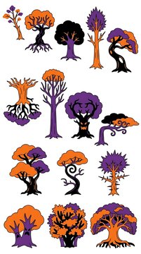 Whimsical Halloween trees with orange and purple foliage against white