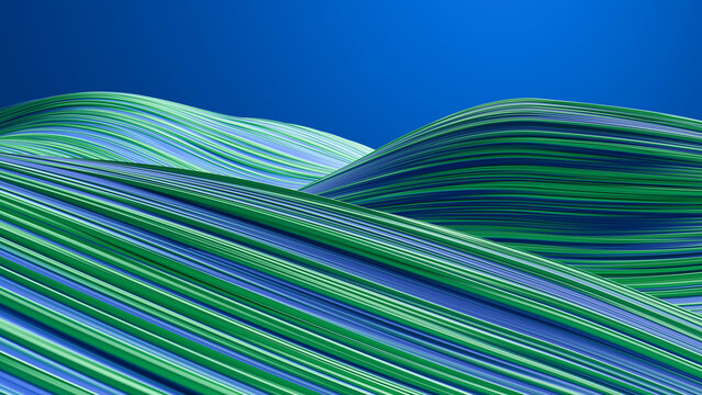 Abstract 3D green and blue wavy stripes background, perfect for eco technology slides, modern web banners, digital art wallpaper, dynamic corporate identity, and data stream visual concepts