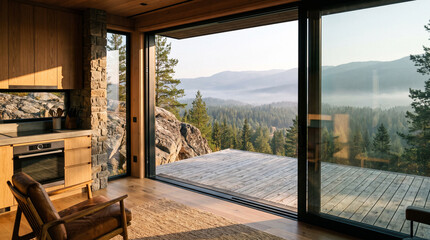 Fototapeta premium A contemporary wooden living room and kitchen featuring a large sliding glass door opening to a wooden deck with a scenic mountain forest view.