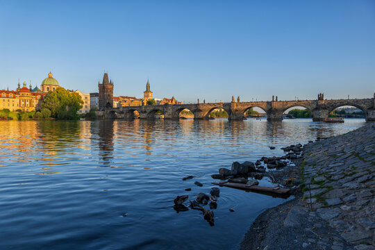 Charles Bridge On Vltava River In Prague