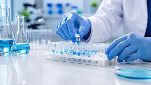 Close up of scientist hands holding sample microtube in laboratory.
