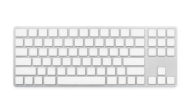 Top view of modern white computer keyboard template with blank keys isolated on white background.