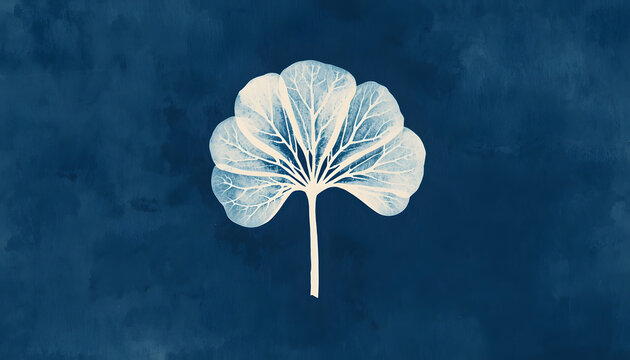 classic botanical cyanotype art design, a single pristine white silhouette of a ginkgo biloba leaf