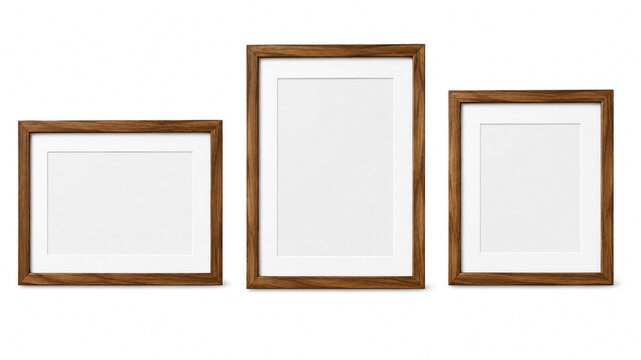 Set of three wooden picture frames with blank white mockups isolated on white background.