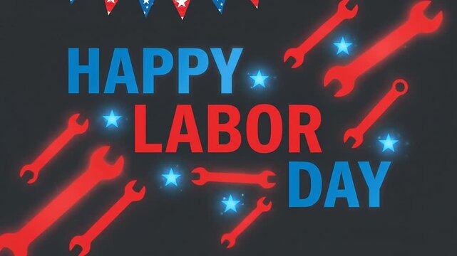 Festive holiday animation celebrating workers with glowing red wrenches and festive bunting