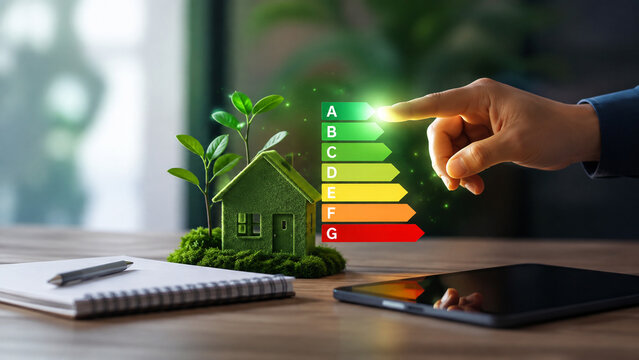 Hand pointing at green energy efficiency rating graph with eco house model.