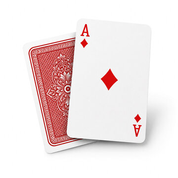 Ace of diamonds playing card with red pattern card back isolated on white background.