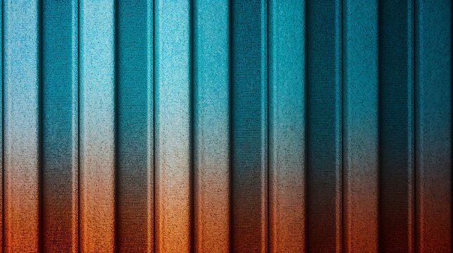 Industrial corrugated metal wall panel texture with vertical ribs and blue orange gradient lighting, industrial