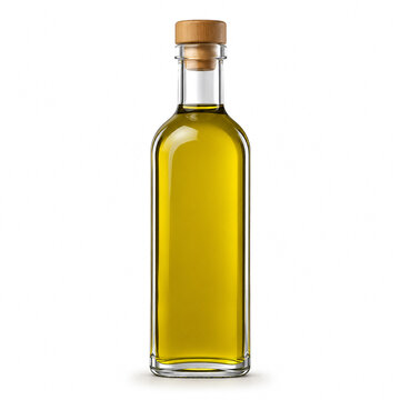Clear glass bottle of extra virgin olive oil with wooden cork stopper isolated on white background.