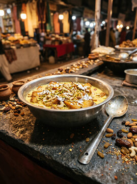 Pakistani Traditional Shahi Tukda Dessert Stall at Night Market