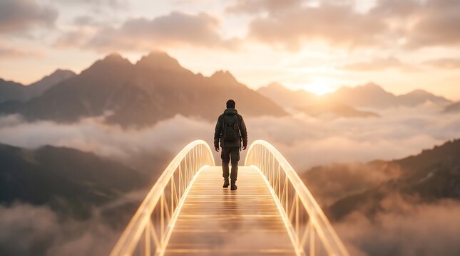 A lone figure walks across a bridge suspended above a sea of clouds, gazing towards a majestic sunrise over distant mountains, symbolizing a journey of hope and new beginnings.