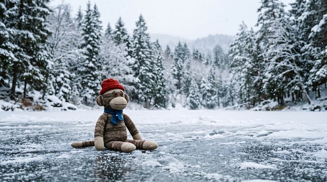 A sock monkey toy sits alone on a frozen lake, surrounded by snow-covered pine trees, evoking a sense of winter solitude and whimsical charm.