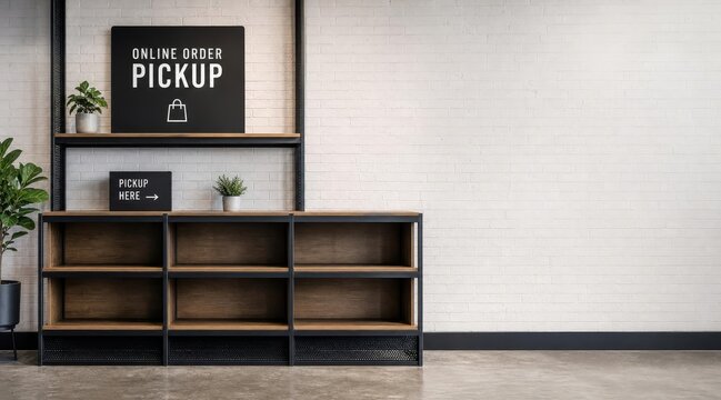 Industrial metal and wood shelving unit with copy space