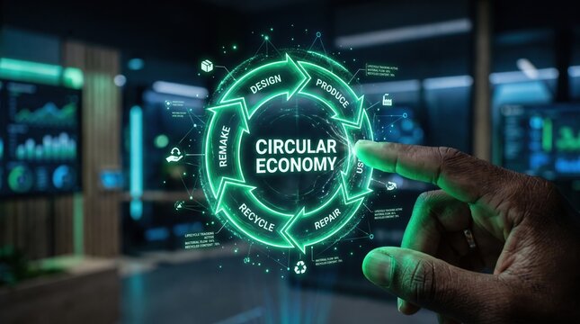 Hand Interacting with Digital Circular Economy Hologram in Modern Office, Emphasizing Sustainable Business Models and Resource Management Through Technology