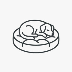 Minimalist black line art vector illustration of a domestic dog curled up and sleeping soundly on a circular cushioned pet bed, isolated on a white background for pet care and animal icons.