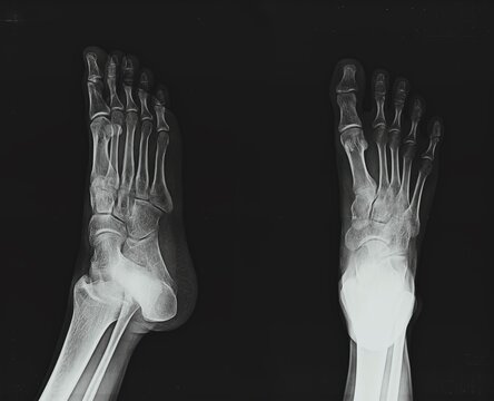 Lateral and AP view X-ray scan of human foot and ankle showing tarsal bones and phalanges