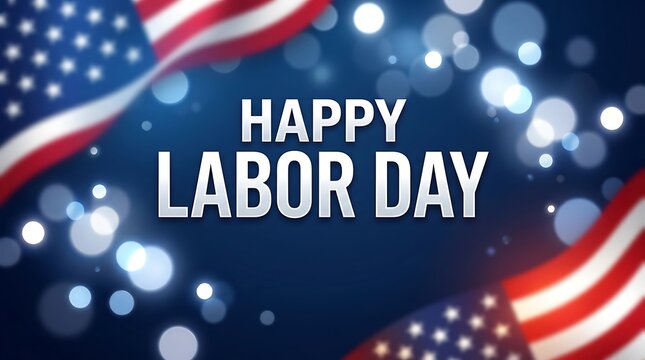 Happy labor day greeting card with american flag design and glowing bokeh lights on a dark blue background