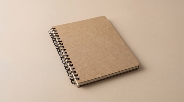 A simple, closed spiral notebook with a plain brown cover rests on a neutral beige surface, ready for notes or sketches.