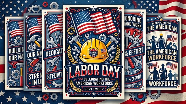Labor day celebration posters featuring american flags and construction tools on a patriotic background