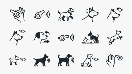 Comprehensive vector icon set for dog training and obedience. Features canine responses to whistle commands, including sitting, jumping, listening, and sound wave symbols for pet apps.