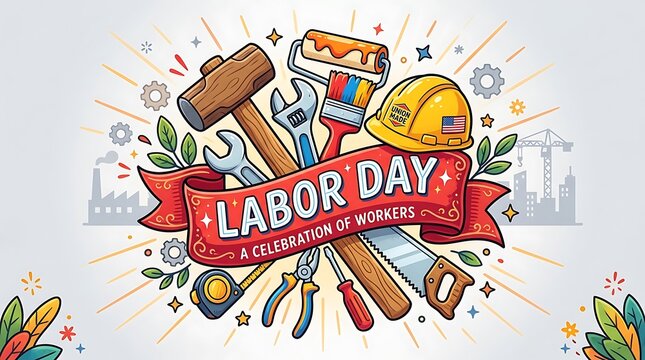 Labor day celebration with various tools and a festive red ribbon banner