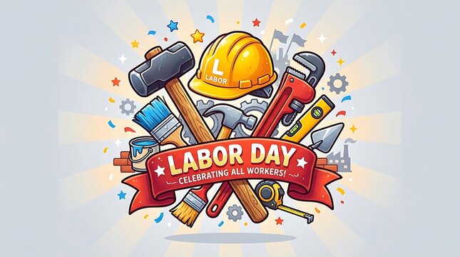 Labor day illustration with construction tools and a vibrant watercolor splash background