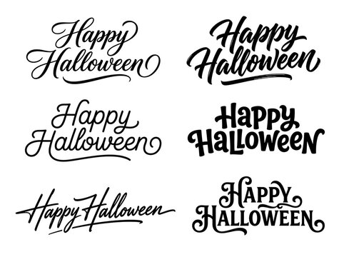 Happy Halloween calligraphy phrases in diverse styles on a white background for festive design