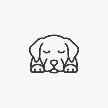 Minimalist vector line art icon of a puppy dog resting with closed eyes and front paws visible, simple black outline design of a sleeping pet isolated on light background.