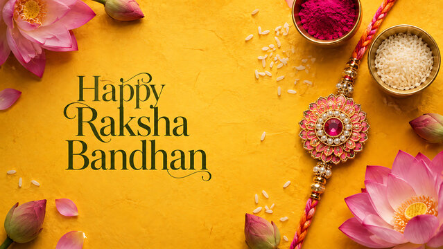 Pink floral style rakhi with rice kumkum and beautiful blooming lotus flowers on yellow textured paper celebrating happy raksha bandhan shravan purnima