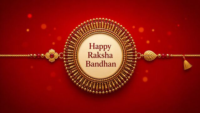 Elegant golden circular rakhi thread centered on bright red glowing background with bokeh lights to celebrate happy raksha bandhan and shravan purnima