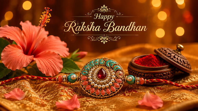 Elegant gemstone rakhi thread placed beside natural flower and red kumkum bowl on golden fabric celebrating happy raksha bandhan background greeting card