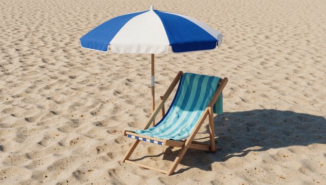 Blue white striped beach chair umbrella sandy made wood has wooden frame curved backrest armrests attached pol