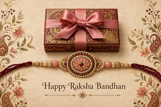 Elegant pink floral rakhi with a matching gift box ribbon celebrating happy raksha bandhan and shravan purnima festival on decorative background design