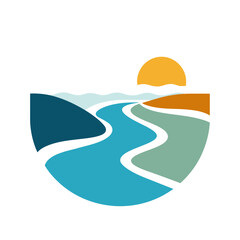 Fototapeta premium Colorful Sunrise Landscape Icon with Winding River