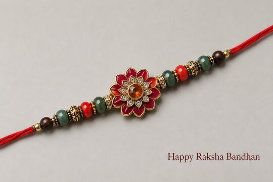 Minimalist floral pattern designer rakhi bracelet with beads and red thread isolated on plain neutral background for happy raksha bandhan festival celebration