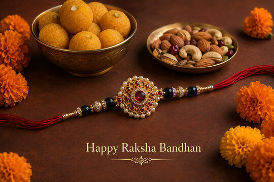 Traditional indian festival sweet laddu dry fruits and marigold flowers arranged with elegant rakhi celebrating happy raksha bandhan greeting card banner template