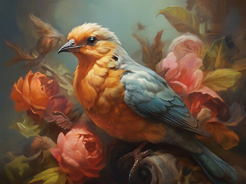 Small songbird profile pose nestled among lush roses for gentle nature aesthetic art print or refined floral wildlife graphic resource for creative projects.