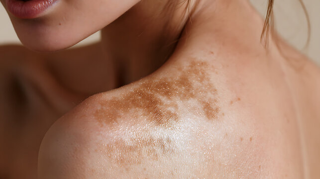 A close-up photograph shows human skin affected by itching and loss of pigmentation.

