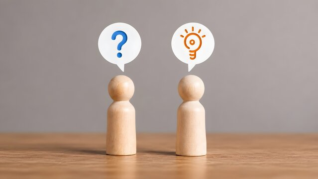 Two Wooden Figures With Speech Bubbles Showing Question Mark and Glowing Lightbulb Representing Problem Solving Idea Generation and Business Solutions